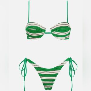 ISO triangl swimwear Green and Cream Striped Bandeau Tie-Side Bikini